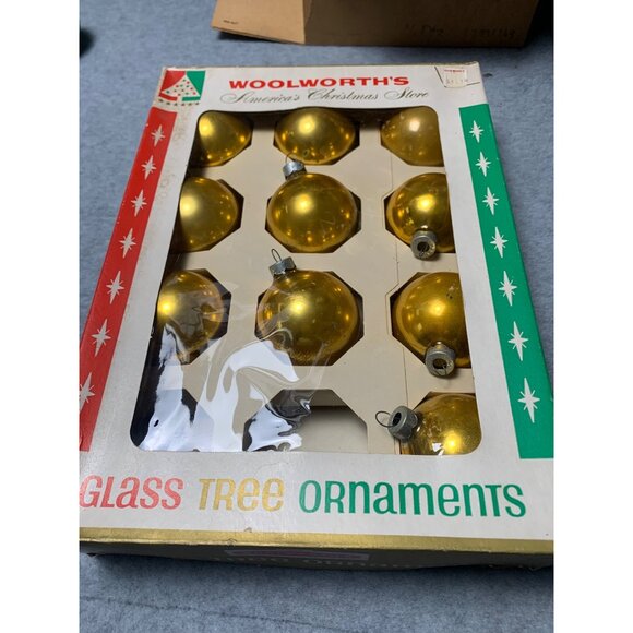 Vintage Woolworths Gold Glass Christmas Tree Ornaments Original Box Set of 10 19 - Picture 7 of 9
